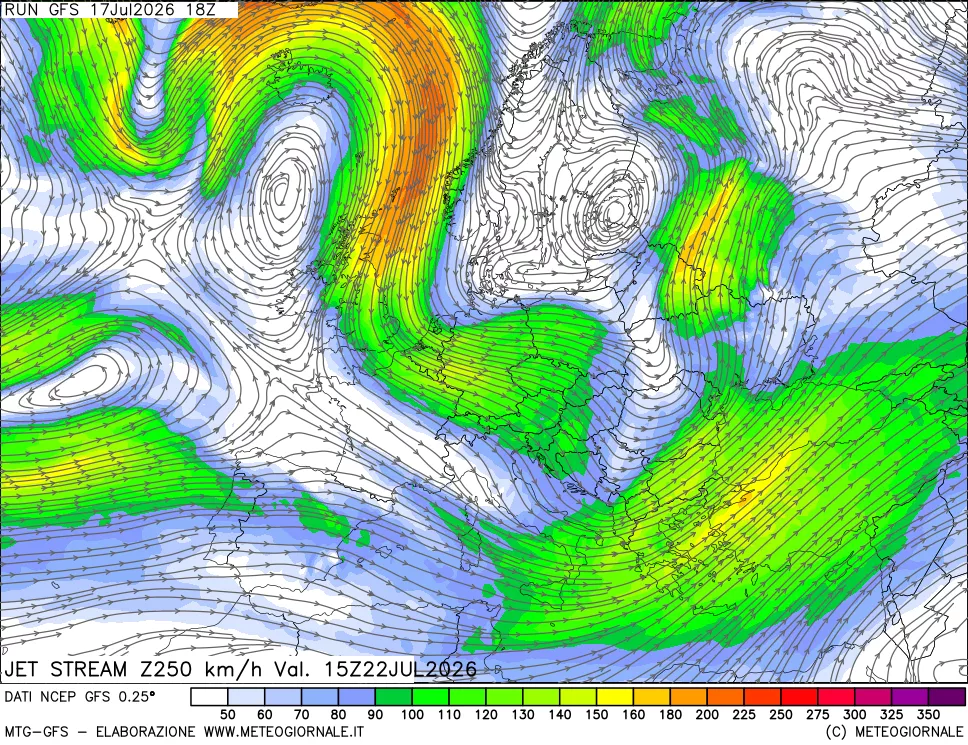 mappa 250 hPa Jet stream