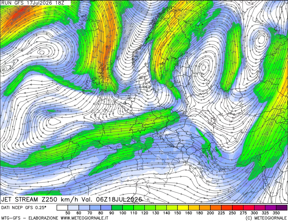 mappa 250 hPa Jet stream