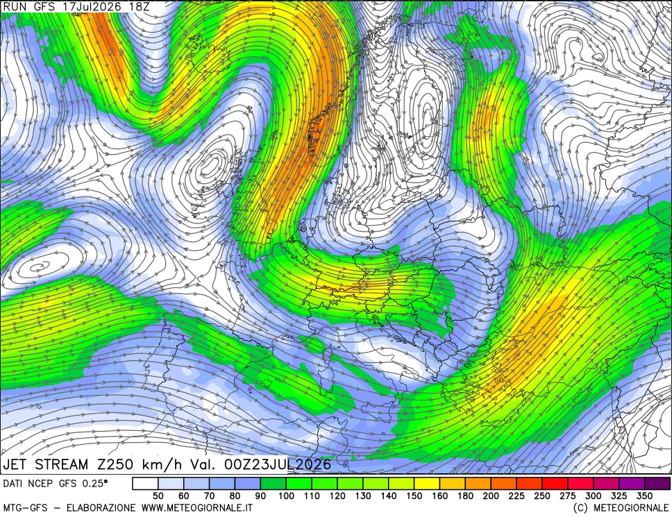mappa 250 hPa Jet stream
