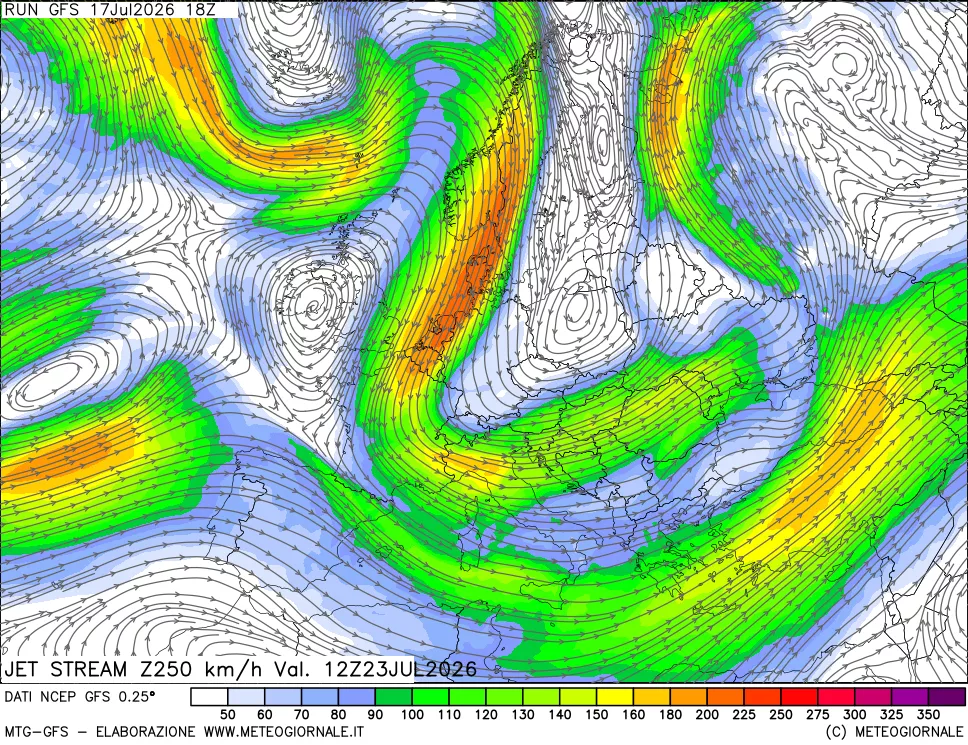 mappa 250 hPa Jet stream