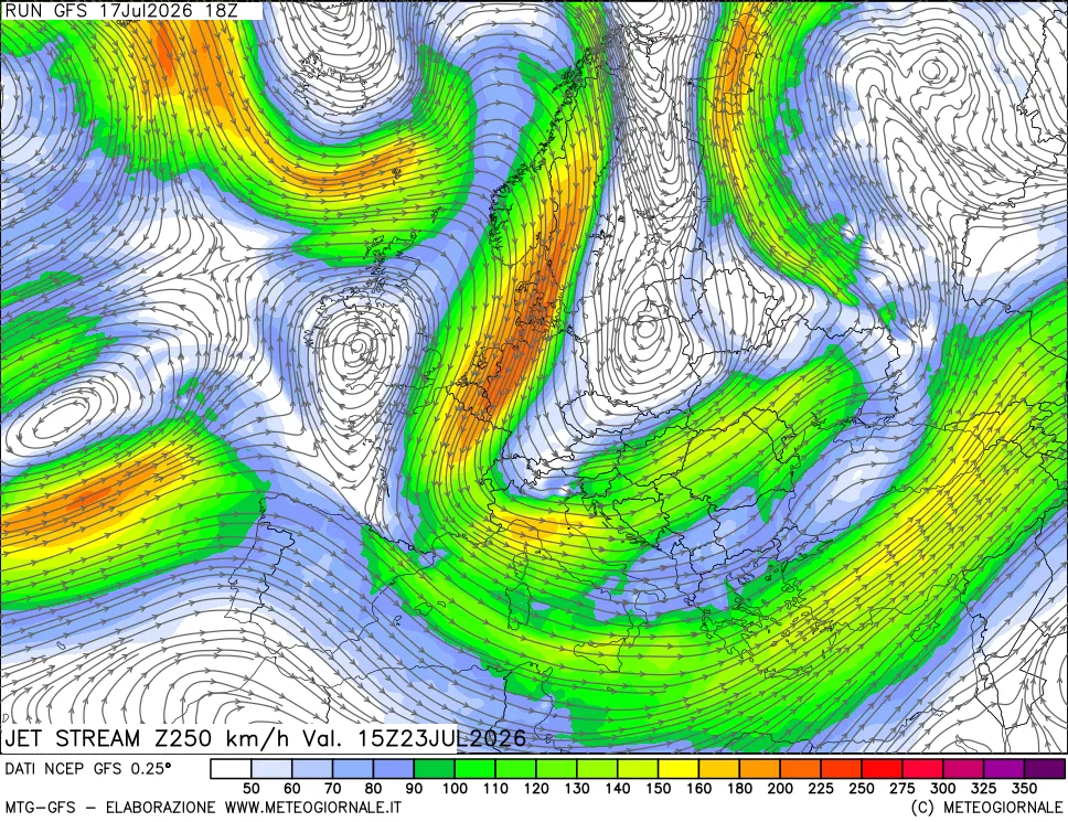 mappa 250 hPa Jet stream