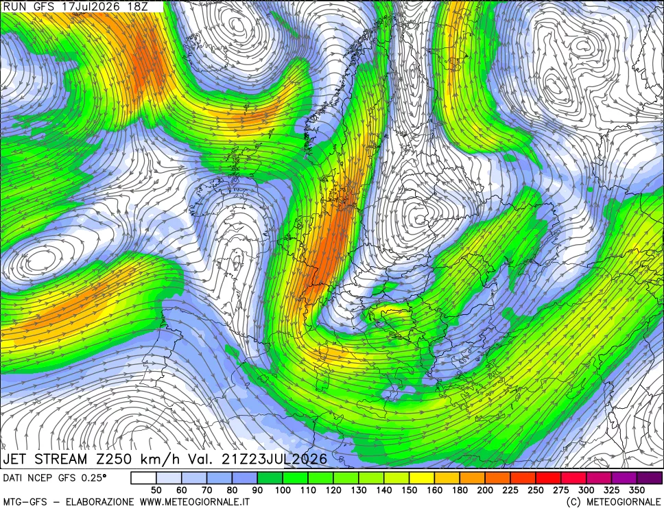 mappa 250 hPa Jet stream
