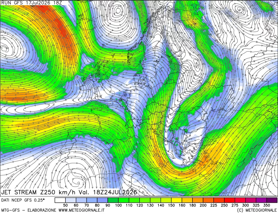 mappa 250 hPa Jet stream
