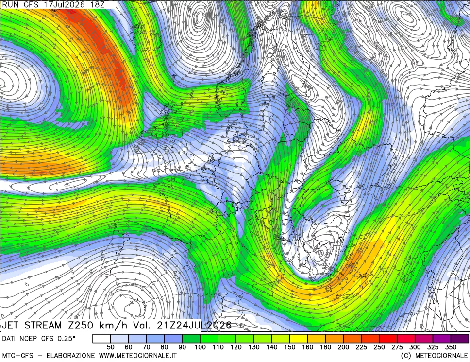 mappa 250 hPa Jet stream