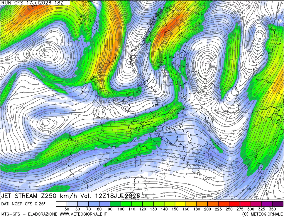 mappa 250 hPa Jet stream