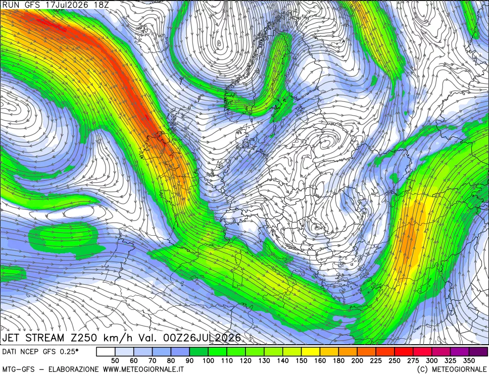 mappa 250 hPa Jet stream
