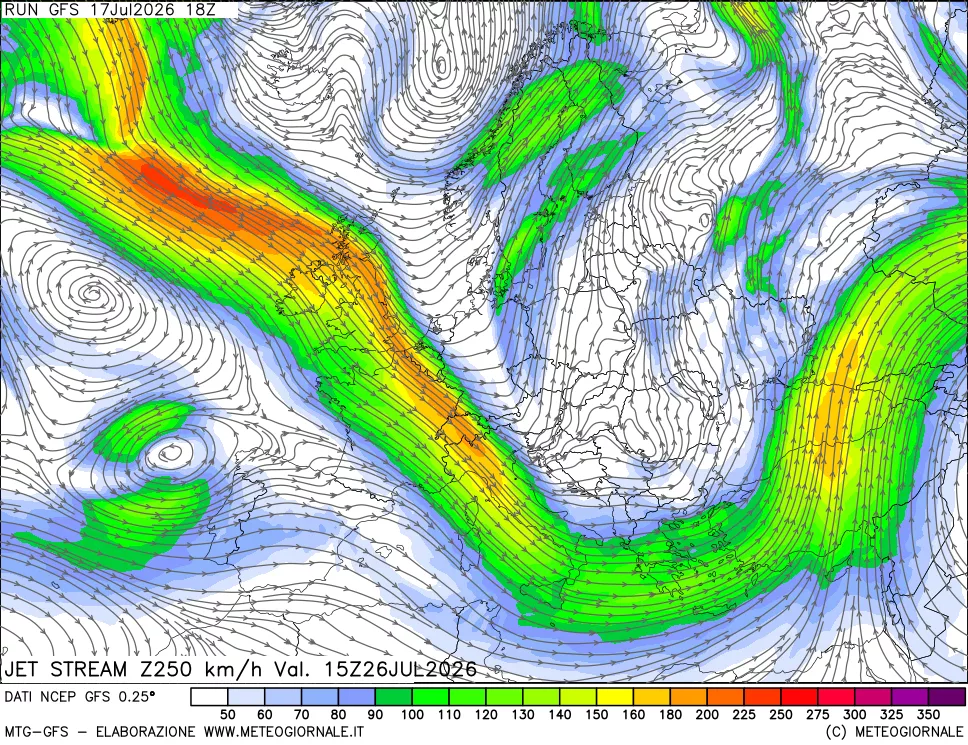 mappa 250 hPa Jet stream