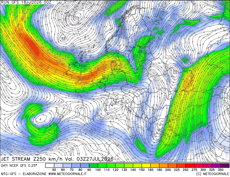 mappa 250 hPa Jet stream