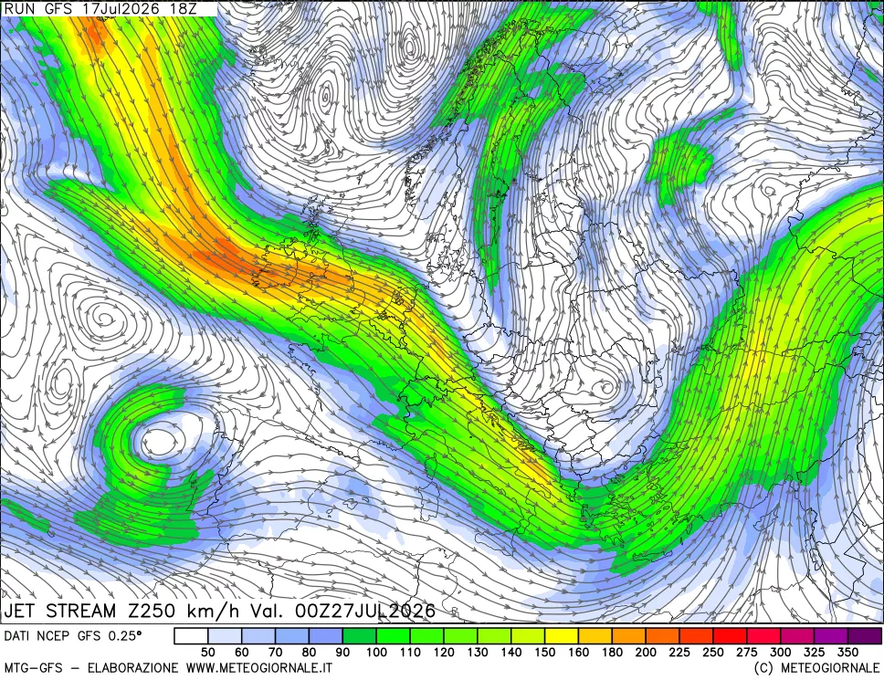 mappa 250 hPa Jet stream