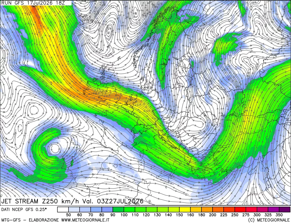 mappa 250 hPa Jet stream