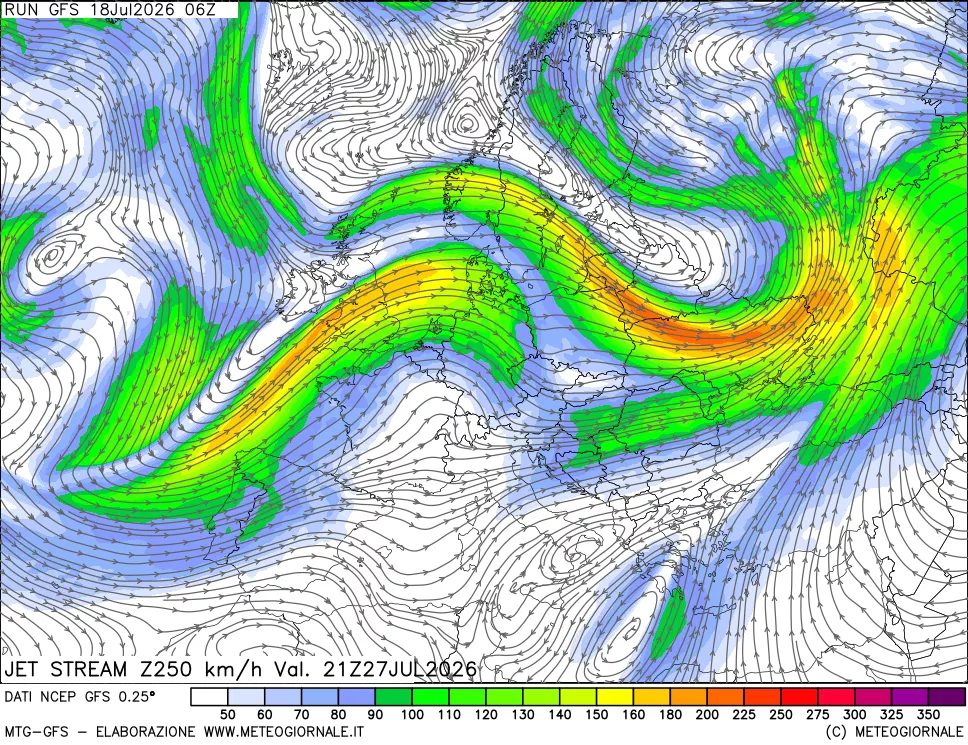 mappa 250 hPa Jet stream