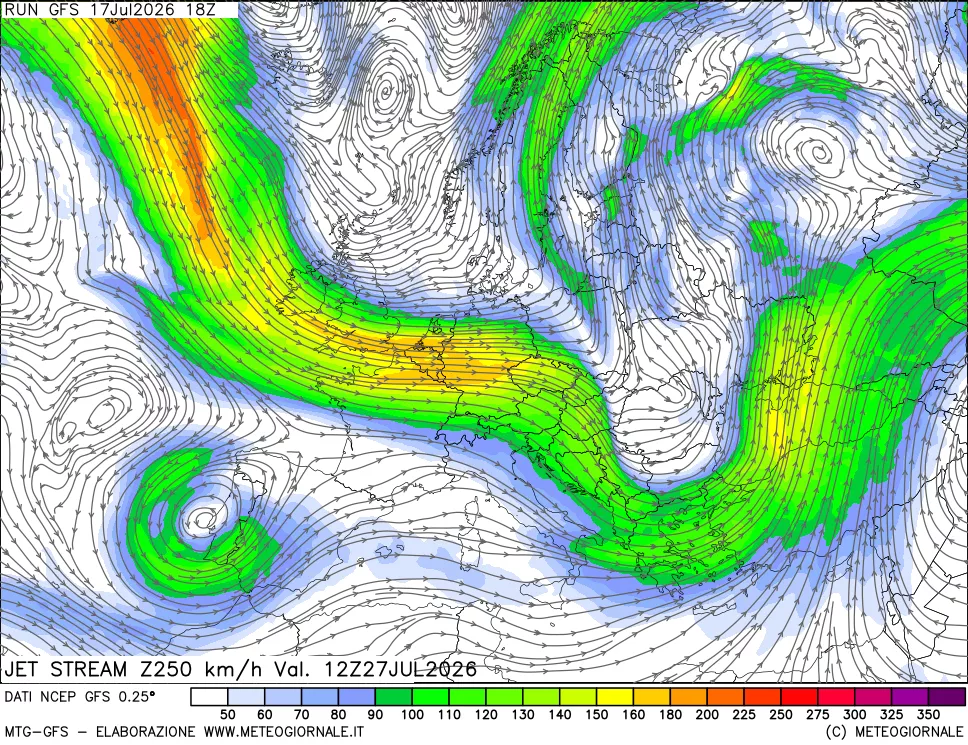 mappa 250 hPa Jet stream