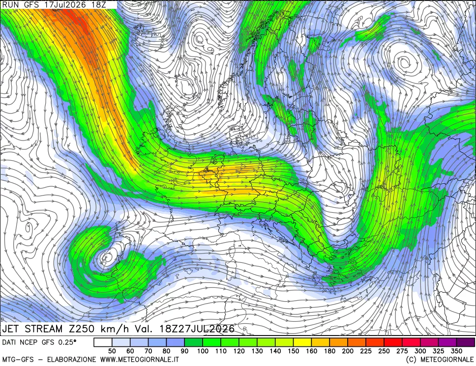 mappa 250 hPa Jet stream