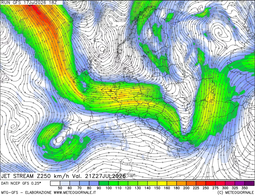mappa 250 hPa Jet stream