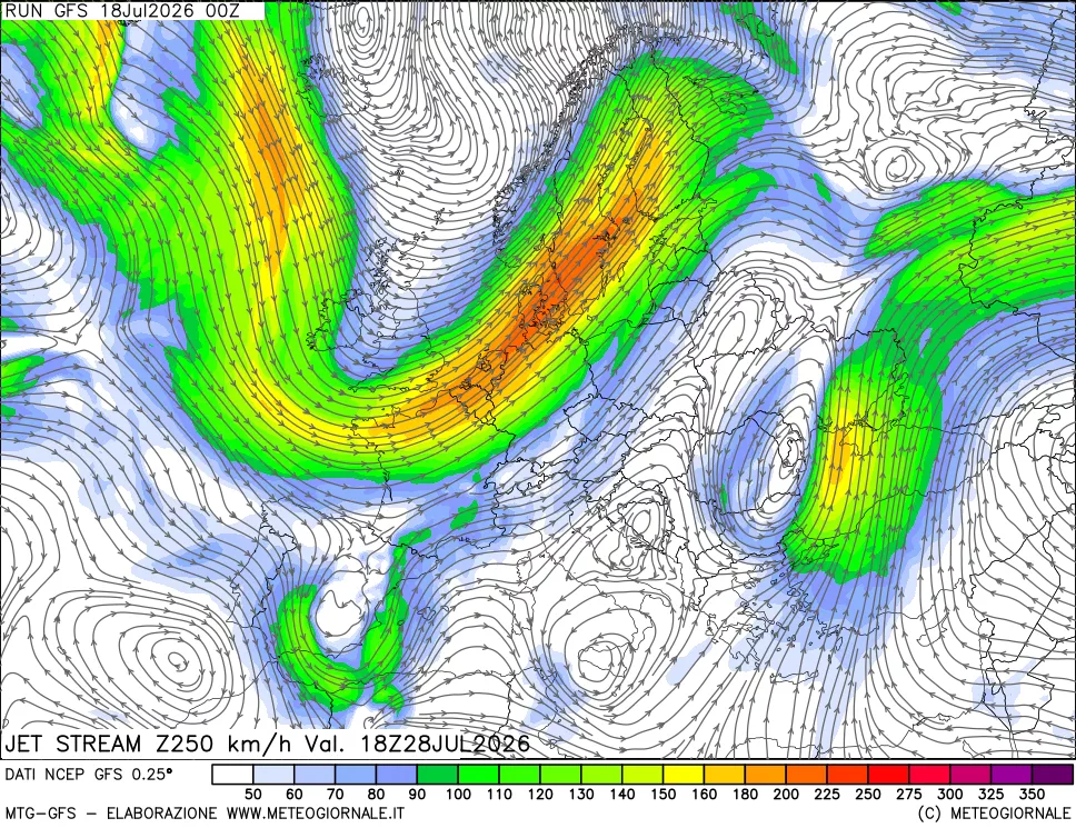 mappa 250 hPa Jet stream