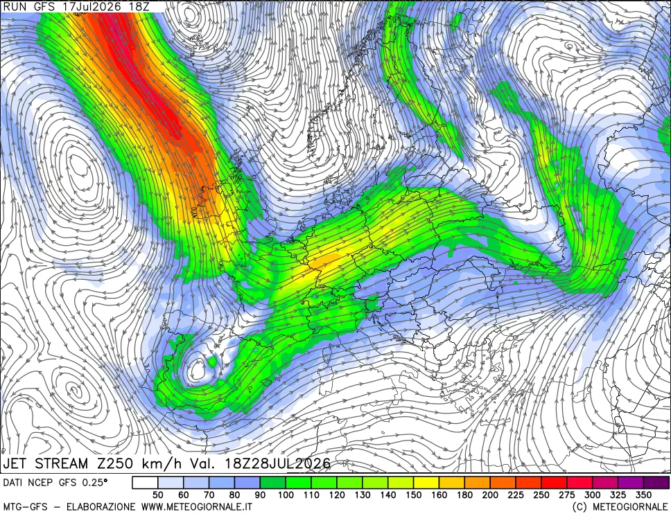 mappa 250 hPa Jet stream