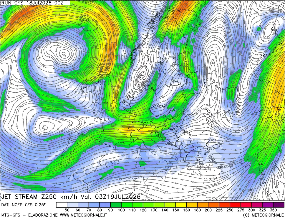 mappa 250 hPa Jet stream