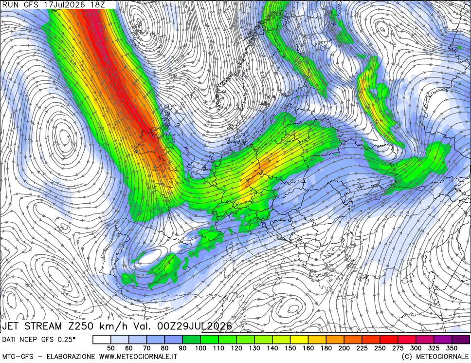mappa 250 hPa Jet stream