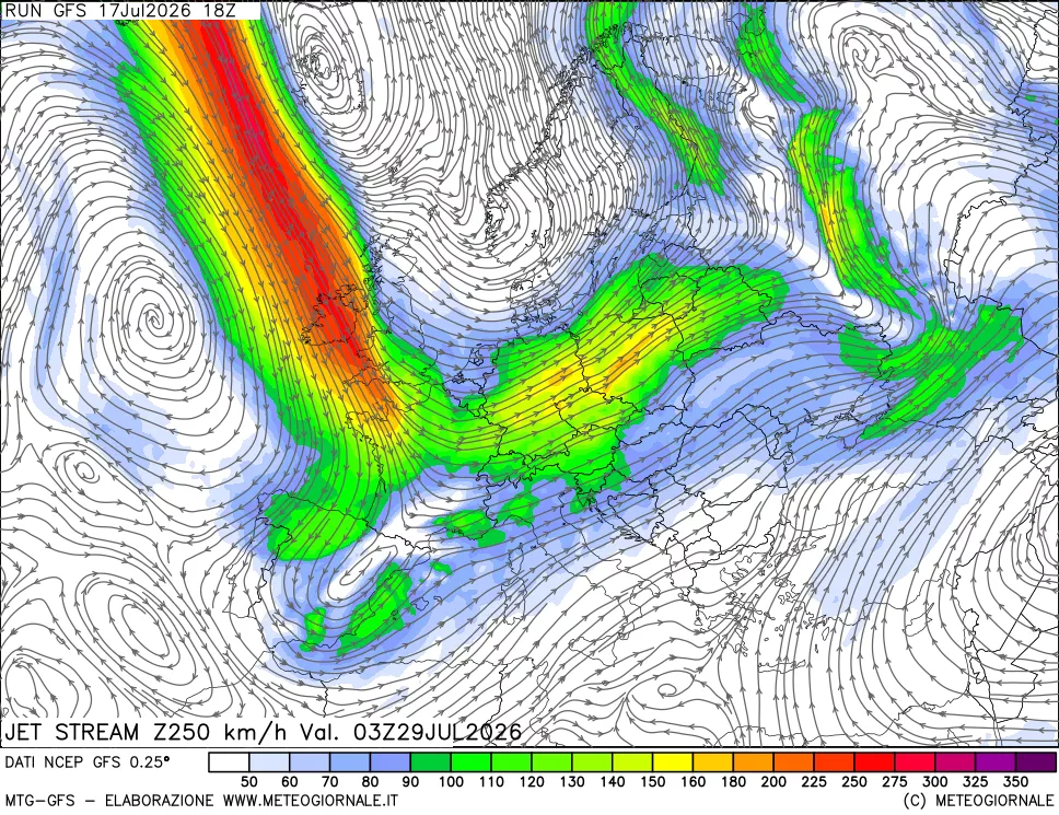 mappa 250 hPa Jet stream