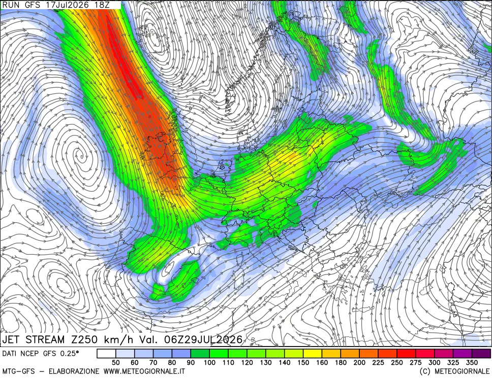 mappa 250 hPa Jet stream