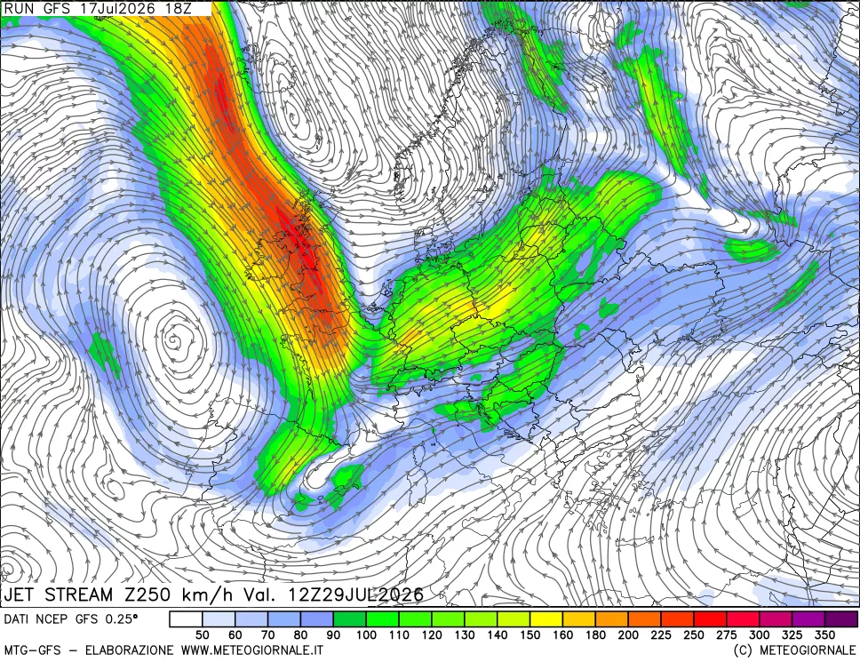 mappa 250 hPa Jet stream