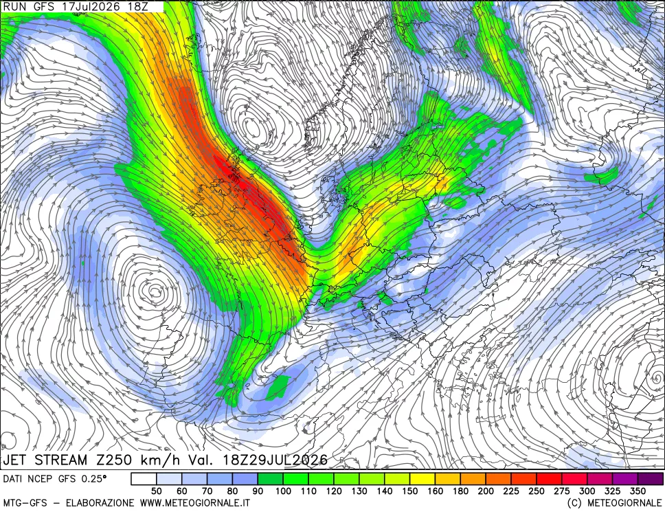 mappa 250 hPa Jet stream