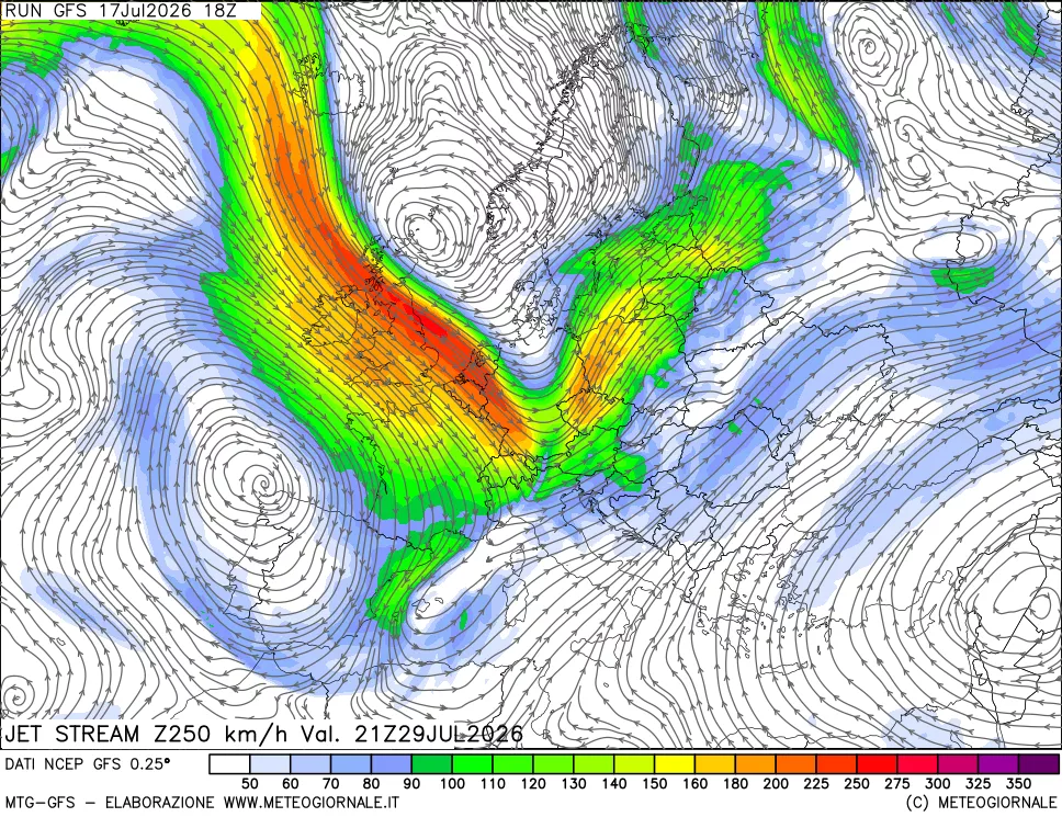 mappa 250 hPa Jet stream