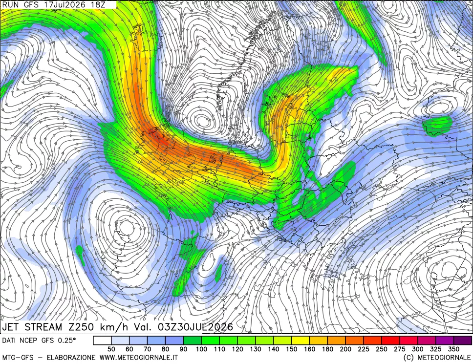 mappa 250 hPa Jet stream
