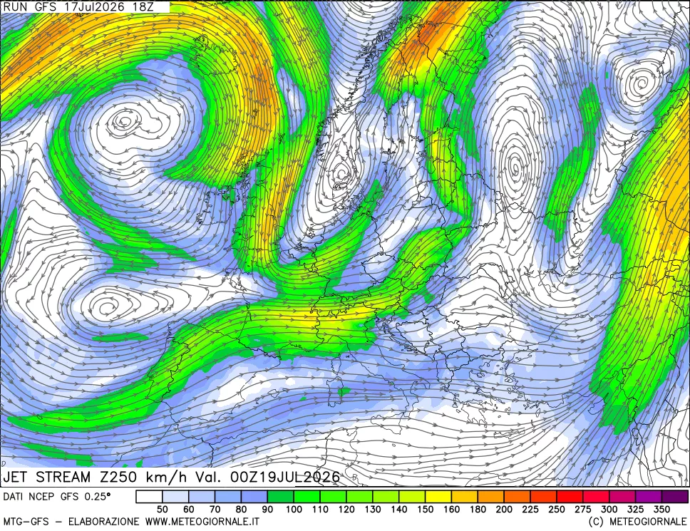 mappa 250 hPa Jet stream
