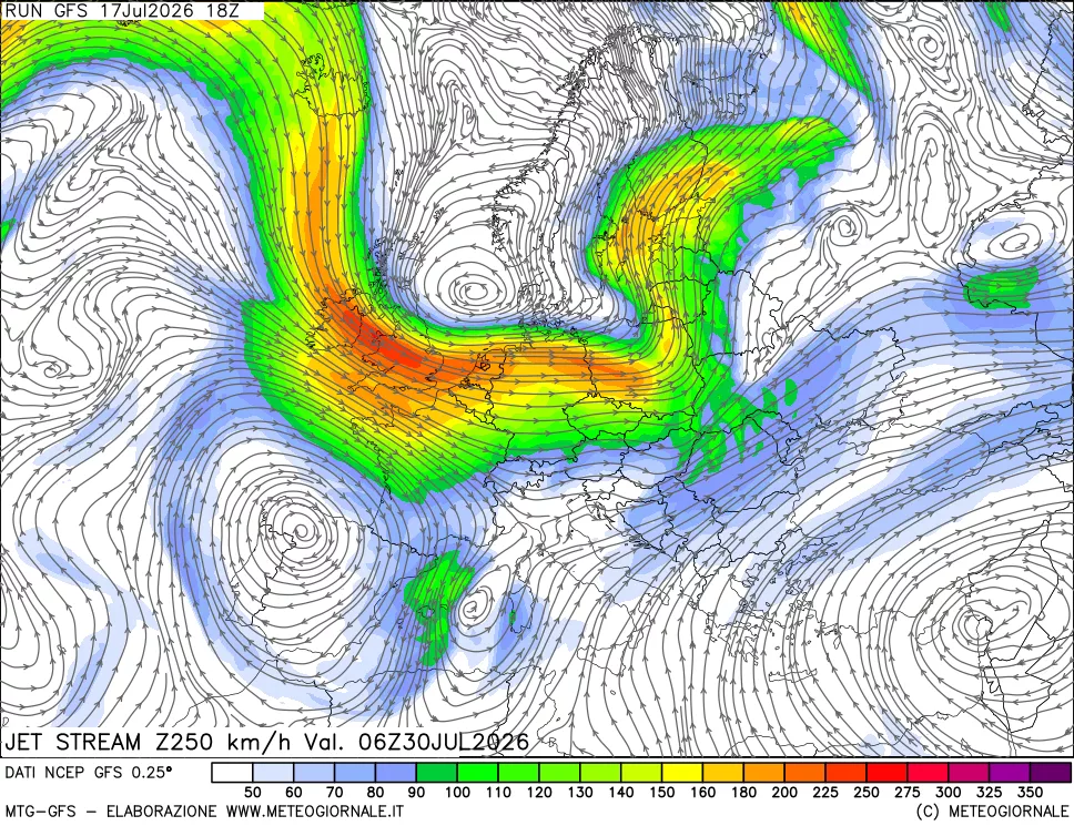 mappa 250 hPa Jet stream