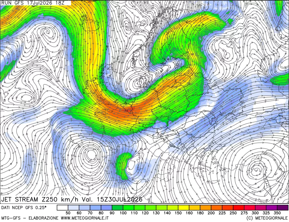 mappa 250 hPa Jet stream