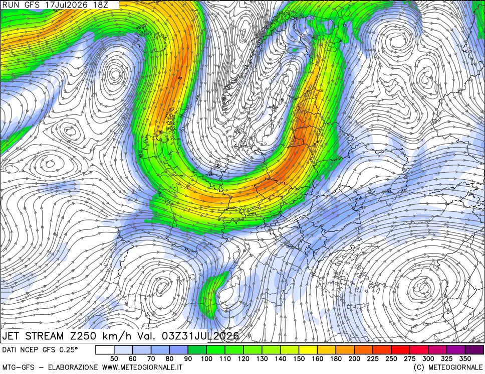 mappa 250 hPa Jet stream