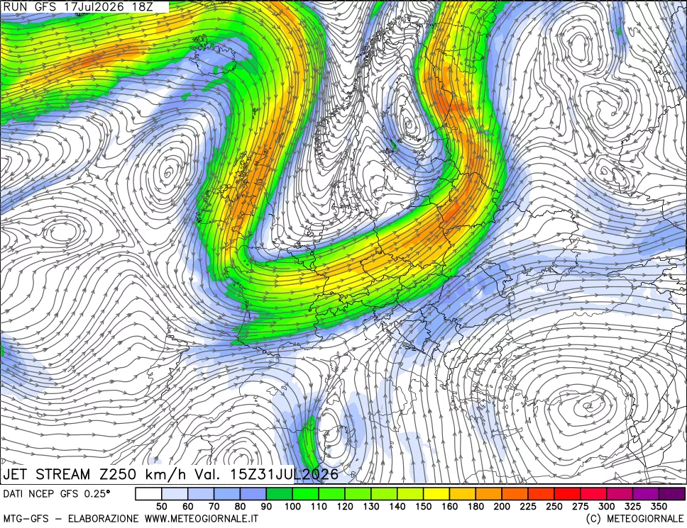 mappa 250 hPa Jet stream