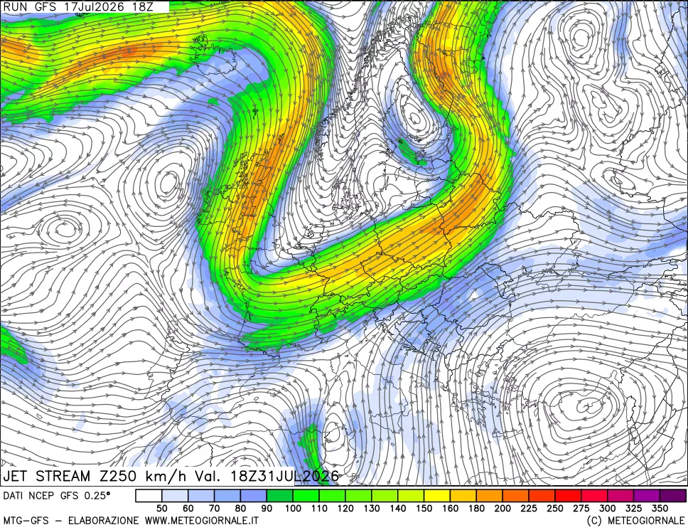 mappa 250 hPa Jet stream
