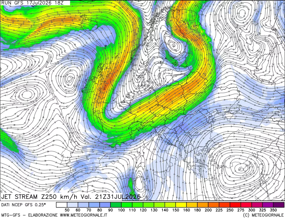 mappa 250 hPa Jet stream