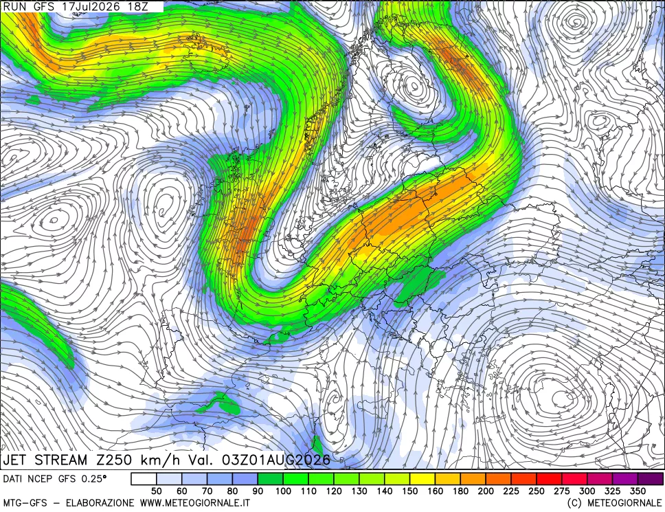 mappa 250 hPa Jet stream