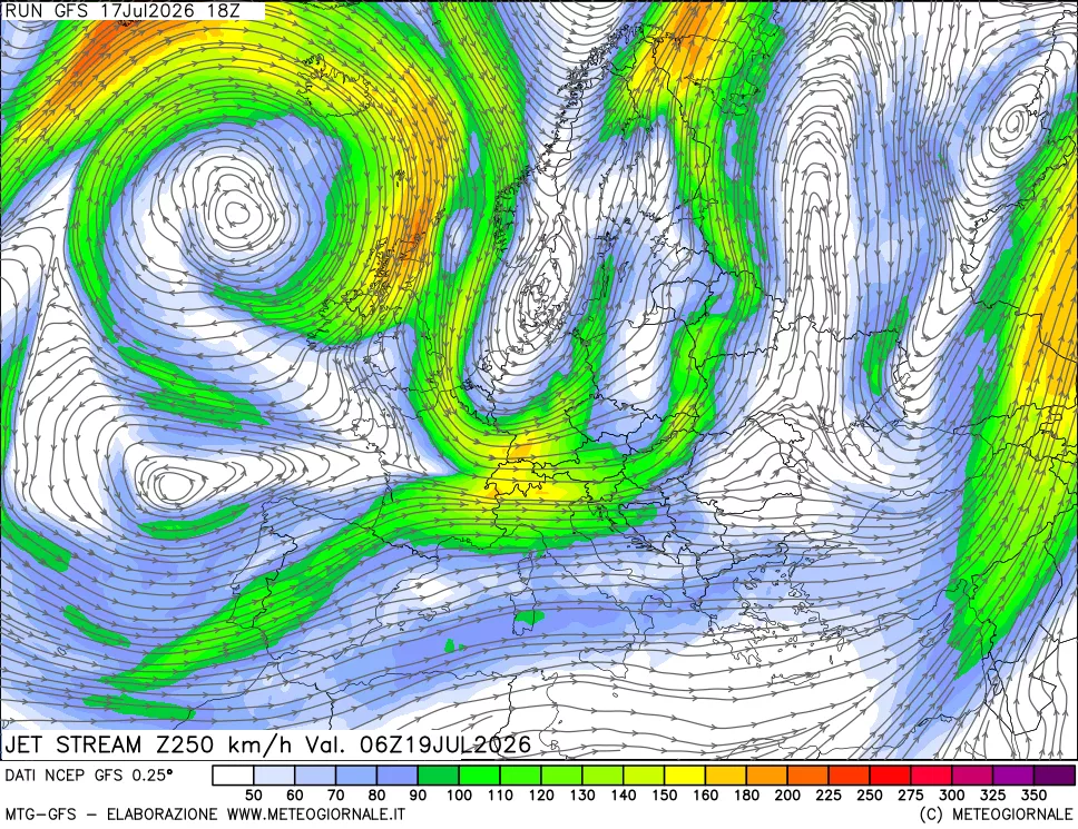 mappa 250 hPa Jet stream