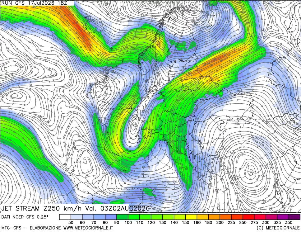 mappa 250 hPa Jet stream