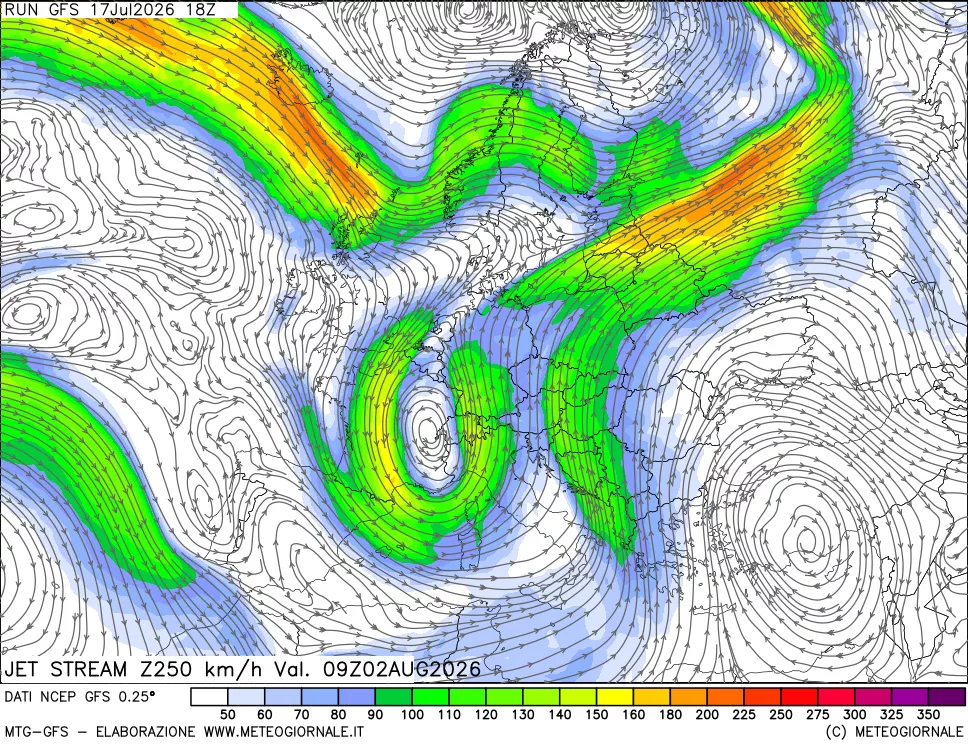 mappa 250 hPa Jet stream