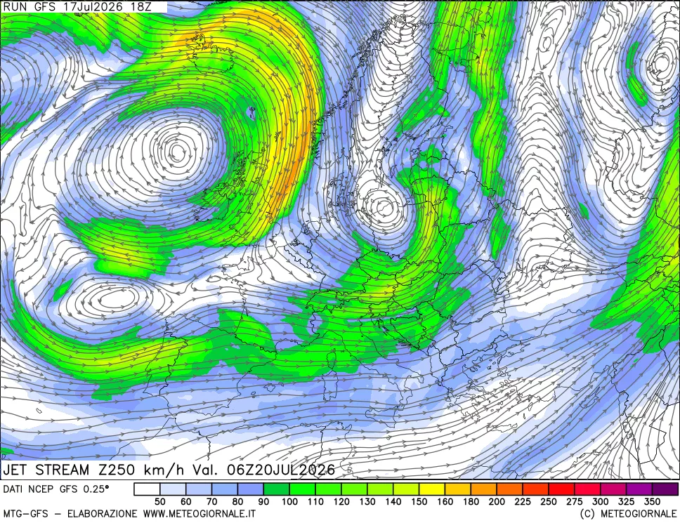 mappa 250 hPa Jet stream