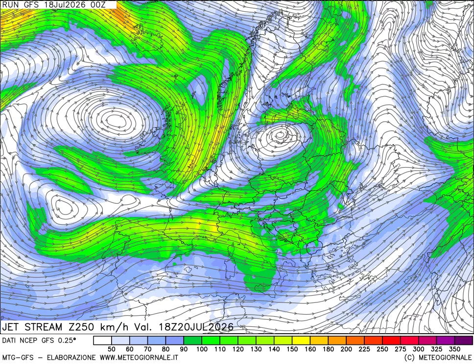 mappa 250 hPa Jet stream