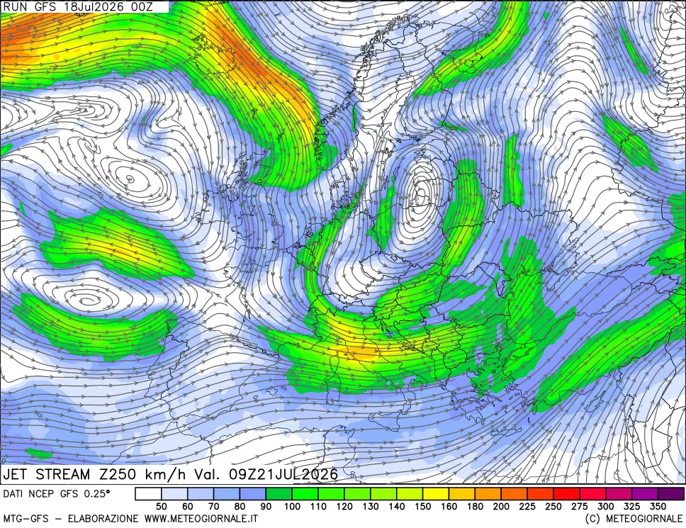 mappa 250 hPa Jet stream