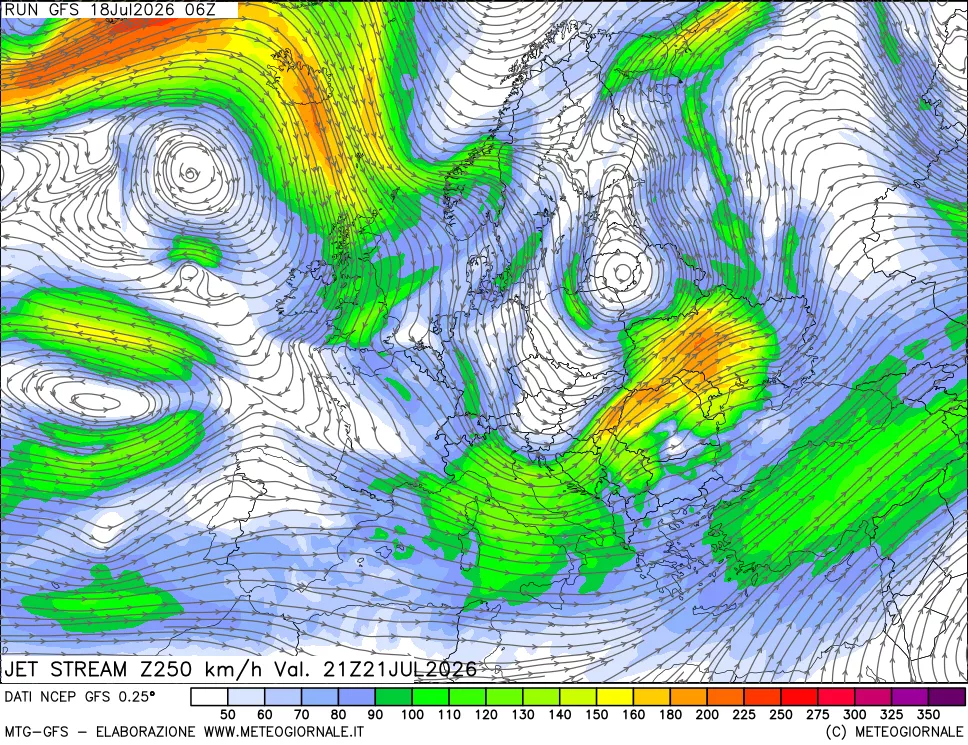 mappa 250 hPa Jet stream
