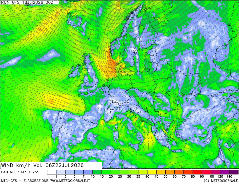 mappa 10 m Vento forza e direzione