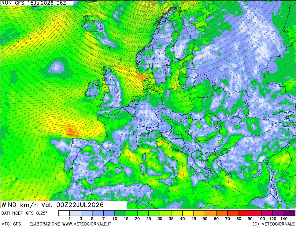mappa 10 m Vento forza e direzione