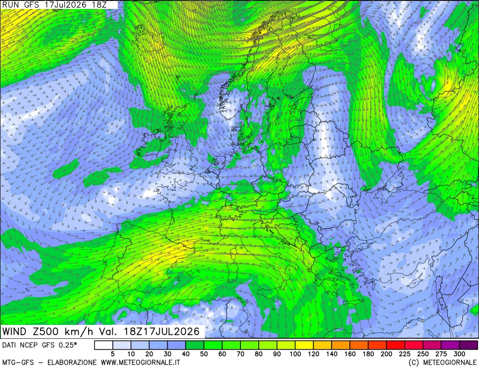 mappa 500 hPa Vento forza e direzione