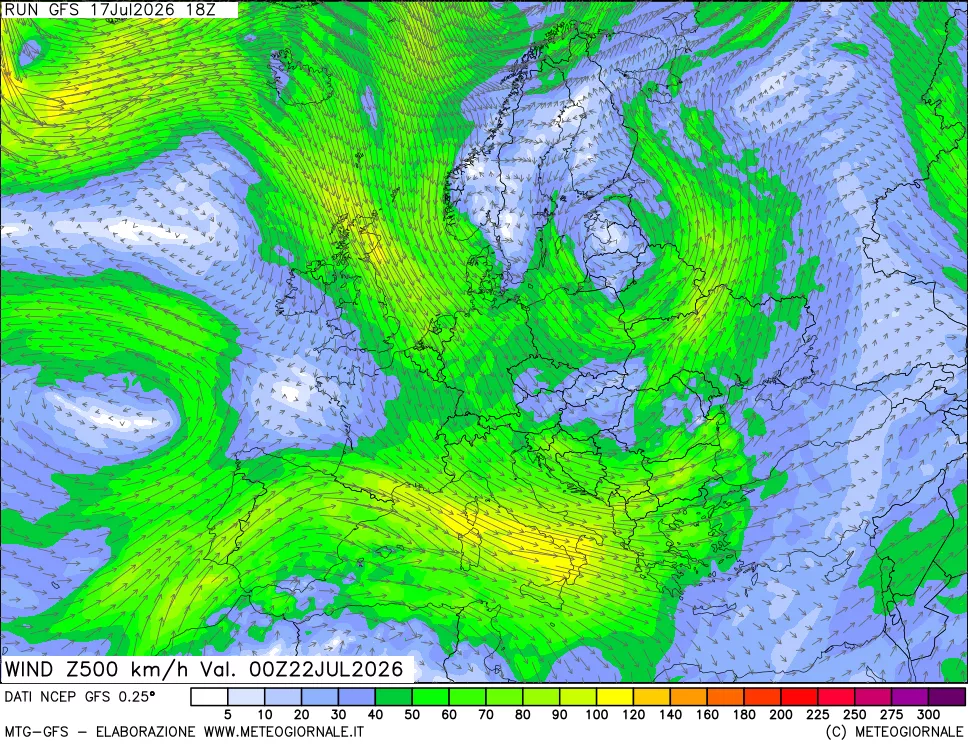 mappa 500 hPa Vento forza e direzione