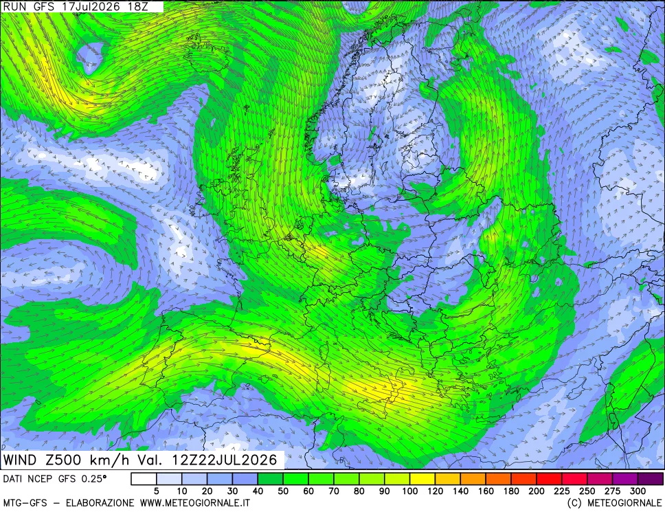 mappa 500 hPa Vento forza e direzione