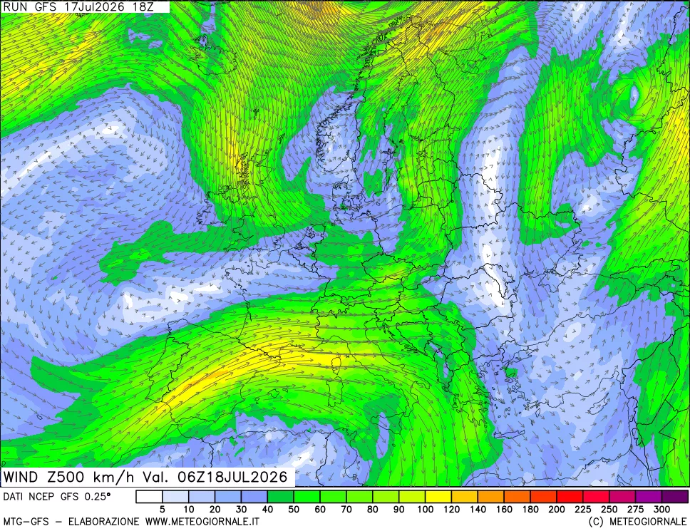 mappa 500 hPa Vento forza e direzione