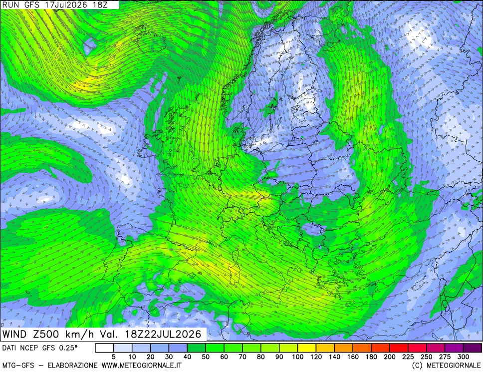 mappa 500 hPa Vento forza e direzione